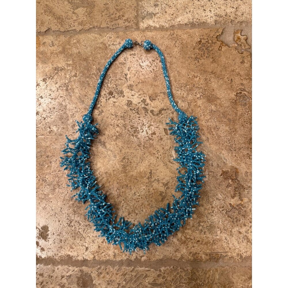 Handcrafted Blue Beaded Statement Necklace - image 2
